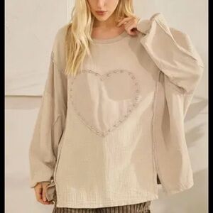 Cozy Beige Heart-Embellished Sweatshirt